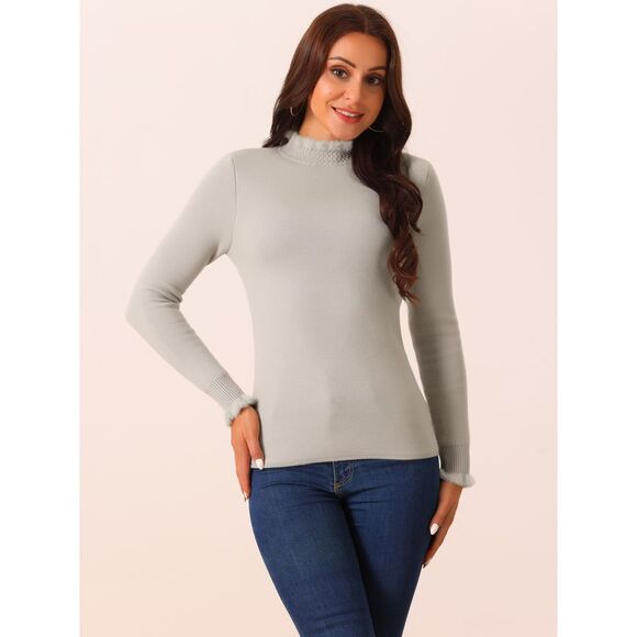 Fall Winter Fluffy Lined Long Sleeve Ribbed Knit Slim Fit Casual Top Grey - Picture 2 of 5